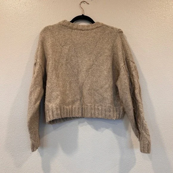 H&M Cable Knit Bobble Sweater Taupe Oatmeal Boxy Cropped Women's Small - Picture 2 of 7
